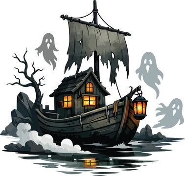 Spooky ghost ship with a dark house on deck and spirits floating at halloween