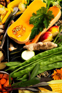 Fresh raw vegetables and fruits.