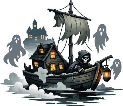 Grim reaper sailing a ghost ship with a haunted house and spirits in the fog