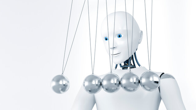 Robot watching Newton's cradle, 3D Rendering