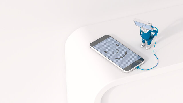 3D Illustration, Figurine loading smartphone