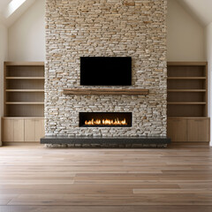 Fototapeta premium Spacious modern rustic living room with stone fireplace, wooden shelves, flat screen television, and warm natural light ambiance