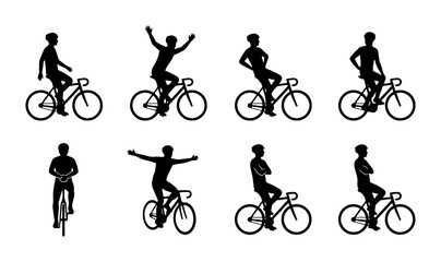Fototapeta premium Cyclist Silhouettes: Diverse Poses, Bicycle Icons, Vector Set for Sport and Lifestyle Graphics
