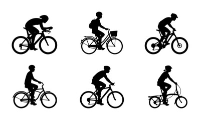 Naklejka premium Six Bicycle Silhouettes, Cyclist Icons, Urban Commute & Sport Vector Set