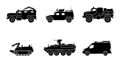 Obraz premium Military Transport Vehicles Vector Icons Set, Armored Cars and Special Equipment Silhouettes