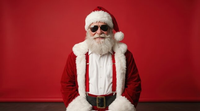 Professional Santa Claus portrait with sunglasses, perfect for festive holiday ads, Christmas marketing, social media banners, and seasonal promotions with a fun twist.
