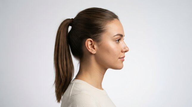 Stylish young woman with pulled-back hair in a sleek ponytail, perfect for beauty branding, lifestyle marketing, and professional headshot use with soft natural lighting and clean composition.