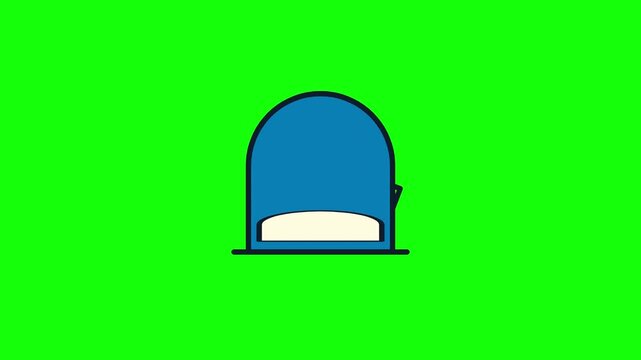 Minimalist flat vector icon of a blue residential mailbox featuring a raised yellow signal flag and cream front door, isolated on a solid chroma key green background for post-production.