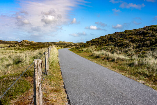 Empty paved bike path winds through the dune landscape of Sylt