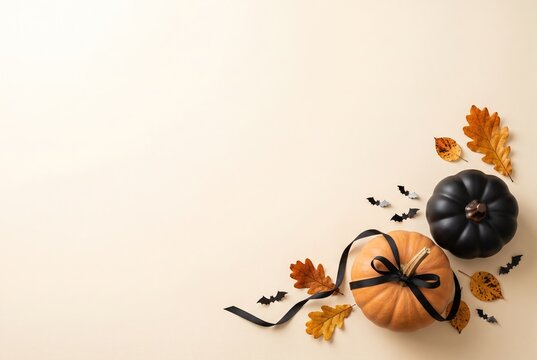 Two pumpkins, one orange and one black, sit on a light surface surrounded by colorful leaves and small bat decorations. This setup represents Halloween in October