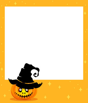 Halloween Orange Frame with Witch Hat, Jack O Lantern and Stars, Spooky Vector Illustration
