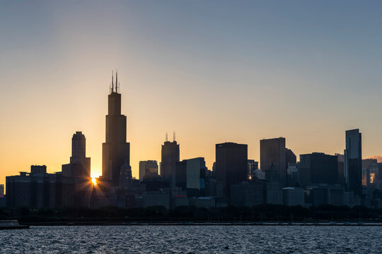 USA, Illinois, Chicago, Skyline, Willis Tower and Lake Michigan at sunset