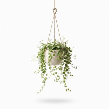 Hanging trailing plant in ceramic pot on white background