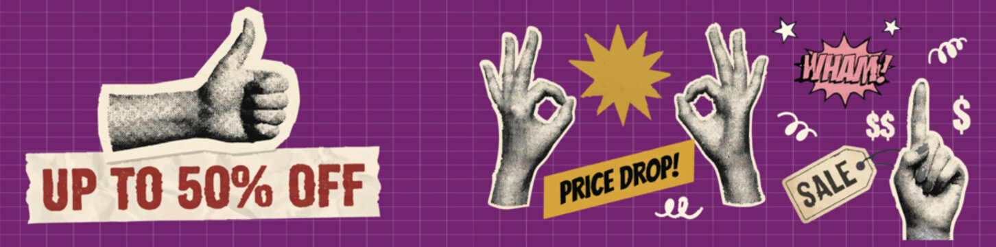 Retro vintage pop art collage sale banner, social media cover, header, website banner with thumbs up okay hand gestures price tag and wham comic speech bubble for discount marketing design projects