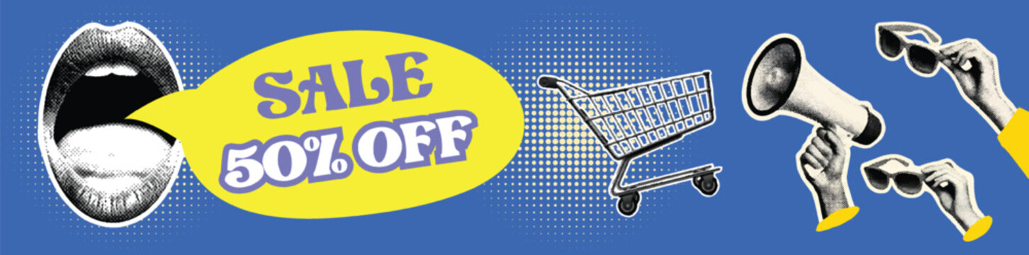 Sale advertising banners with retro pop art collage style banner with halftone elements sticker discount offer text and various hand gestures and vintage magazine cutout illustrations for social media