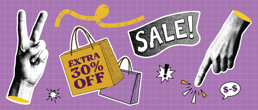 Retro vintage pop art collage sale banner, social media cover, header, website banner with halftone elements sticker discount offer text and various hand gestures, magazine cutout illustrations