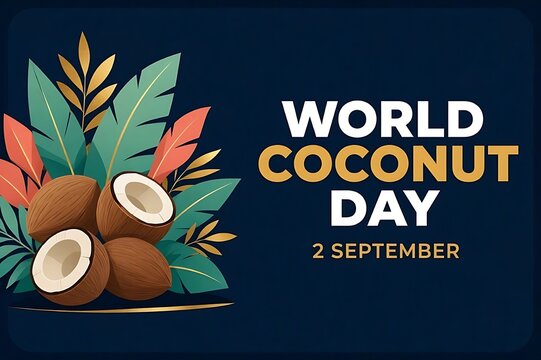 World Coconut Day Graphic with Open Fresh Coconuts and Colorful Tropical Foliage on Dark Blue Backdrop