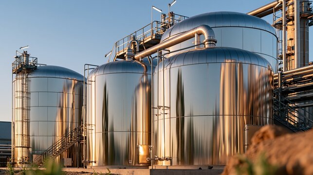 Large stainless steel storage tanks for waste vegetable oil feedstock at a renewable fuel plant, industrial piping and catwalks