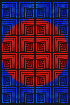 An abstract geometric background shows red and blue squares
