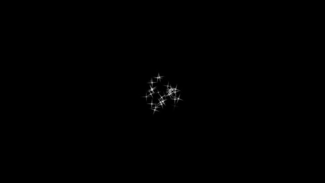Sparkling star dust trail and twinkling glitter stars overlay, white glowing fairy dust burst, cartoon doodle twinkle light effect, 2D magic particle trail on black background. 4k