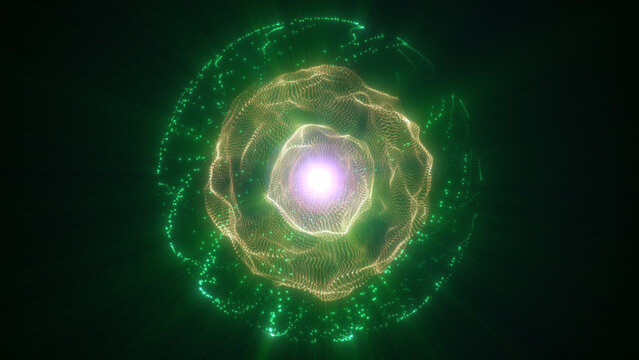 Concentric green and gold particle rings with a radiant purple core and dotted halo, creating a futuristic energy portal on a dark background.