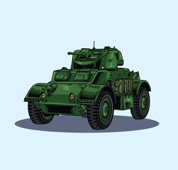 Fototapeta premium Retro hand drawn illustration of a classic green military armored scout car
