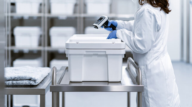 Logistics staff checking barcode tag on a white thermal storage box placed on a mobile stainless steel cart in cold storage