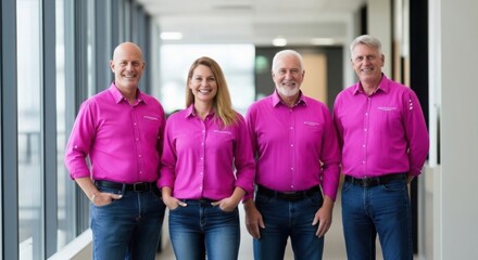 Obraz premium Four smiling people in matching pink shirts isolated on white background