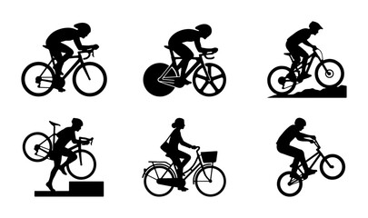 Fototapeta premium Cycling Silhouettes: Diverse Rider Poses, Road Bike, Mountain Bike, BMX, Triathlon, Vector Icons