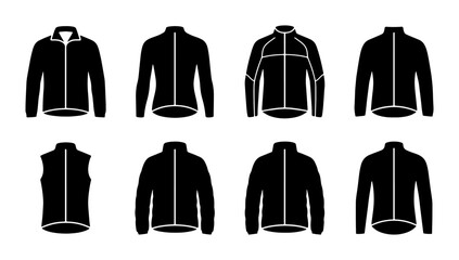 Black Jacket Icons Set, Sportswear Apparel Vector Graphics, Casual Outerwear Collection © Ayush