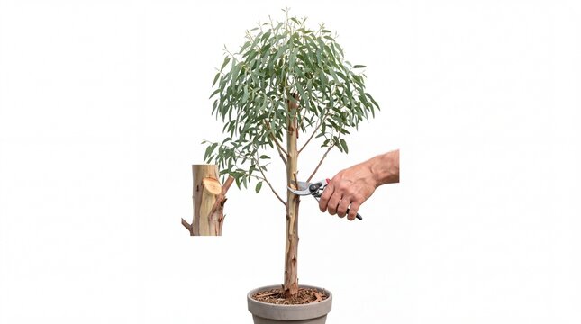Potted plant sapling in burlap beside tree trunk, rustic closeup showing fresh greenery and calm growth