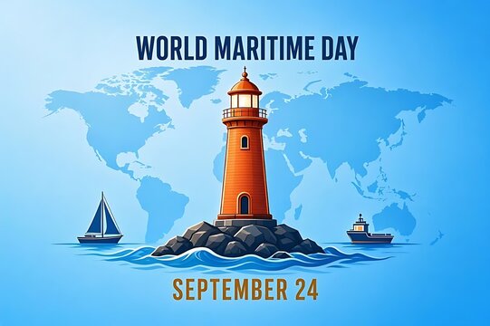 World Maritime Day Banner Design with Red Lighthouse on Rocks and Sailboat under Blue World Map