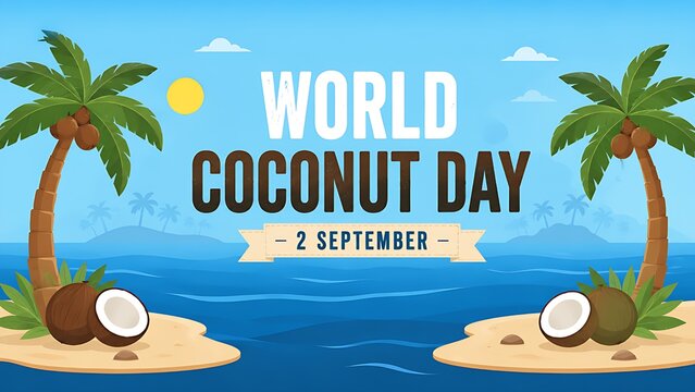 World Coconut Day Panoramic Beach Banner with Split Open Coconuts on Sand and Tropical Palm Trees