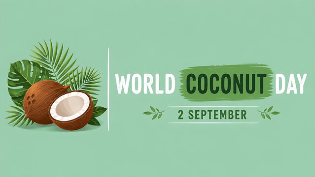 World Coconut Day Creative Banner with Realistic Whole Coconut and Green Tropical Palm Leaves on Mint Background