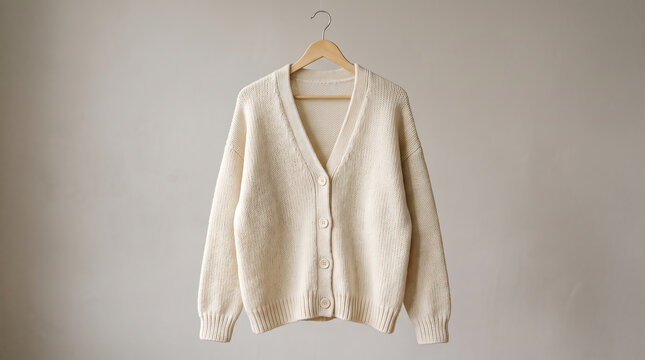 Minimalist Beige Knit Cardigan Sweater on Wooden Hanger Front View Clothing Product Shot
