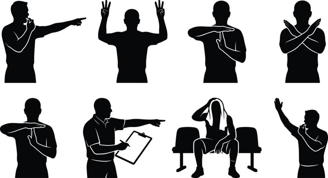 Basketball referee and coach vector silhouette icon bundle featuring match officials signaling timeout foul score points and bench player