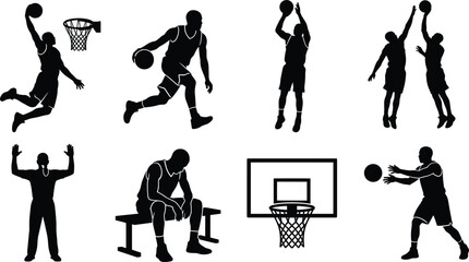 Black and white collection of basketball silhouettes featuring athletes dunking shooting dribbling a referee and hoop icon set © MstSahida