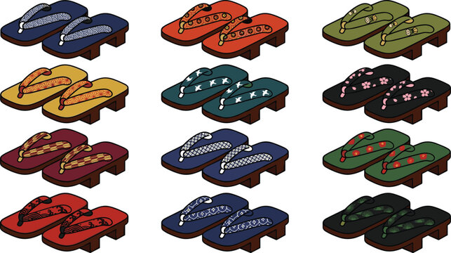 Japanese geta sandals vector set with traditional wooden footwear designs and colorful patterns