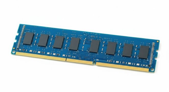 Blue ram module with black memory chips on white background