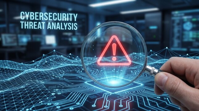 A hand holds a magnifying glass over a digital network, highlighting a red warning sign for cybersecurity threat analysis.