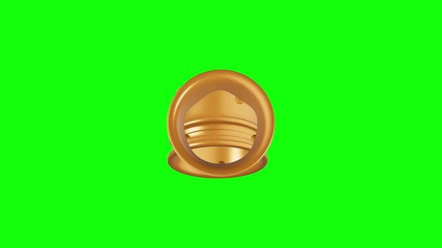 golden cylindrical container or cap with ridged metallic threading details inside a glowing yellow-orange circular aperture3D animated on green screen background.