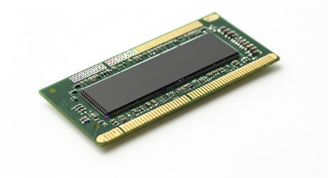 Close up of a single computer memory module on a white background