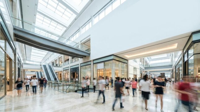 Motion blur of unrecognizable crowd of people walking fast in modern shopping mall