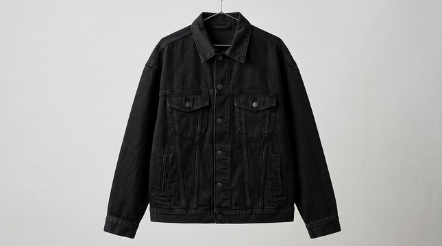 Stylish black denim jacket hanging on a wall, showcasing modern casual streetwear fashion design