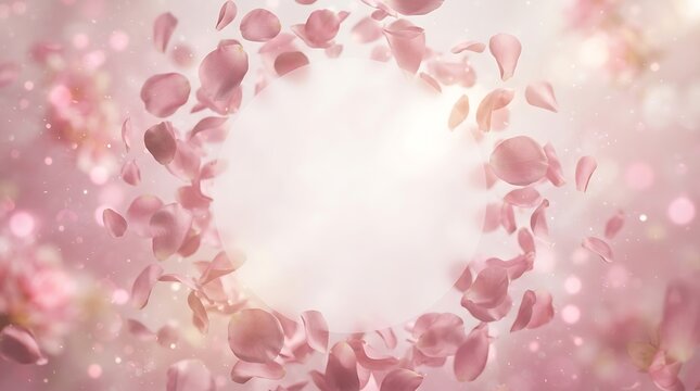 Beautiful pink rose petals falling in a circle with glowing light bokeh