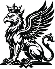 Obraz premium Vintage griffin heraldic beast vector illustration wearing a royal crown with mythical creature