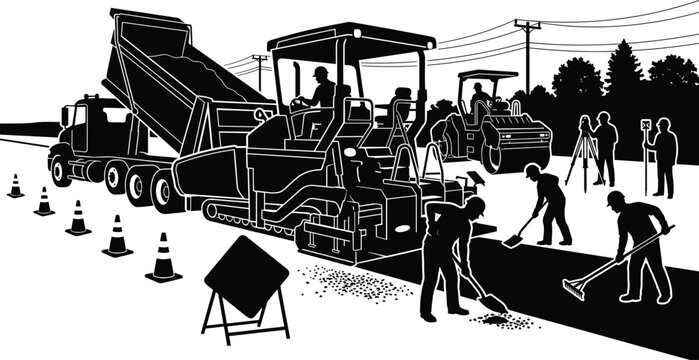 Black silhouette of road construction site with asphalt paver, dump truck, road roller, surveyors, and workers repairing highway