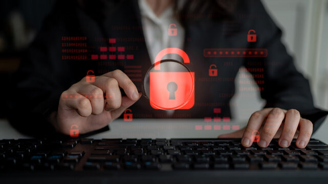 Digital security concept illustrating a cybersecurity breach, with a red unlocked padlock indicating data exposure among secure systems, emphasizing system vulnerability and risk Latch