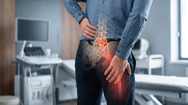 Sciatica pain with lumbar spine and sciatic nerve inflammation, medical healthcare concept
