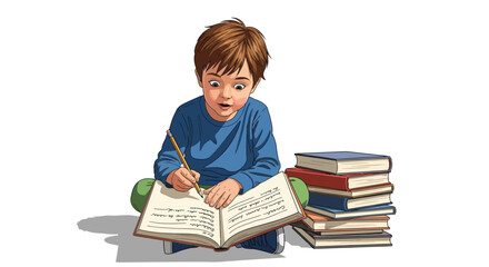 Boy studying with books. © hermas